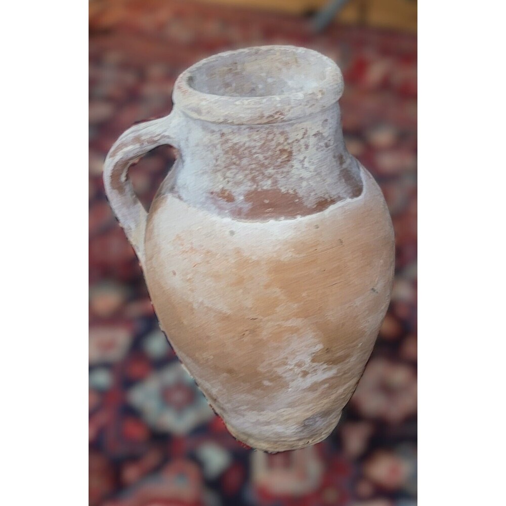 Antique Turkish Terracotta Olive Jug Wine handcrafted 2 clays,Whitewashed handle